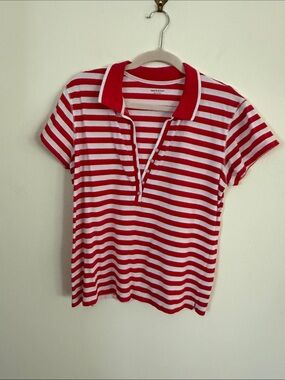 Massini Red and White Striped Button-Down Polo Top